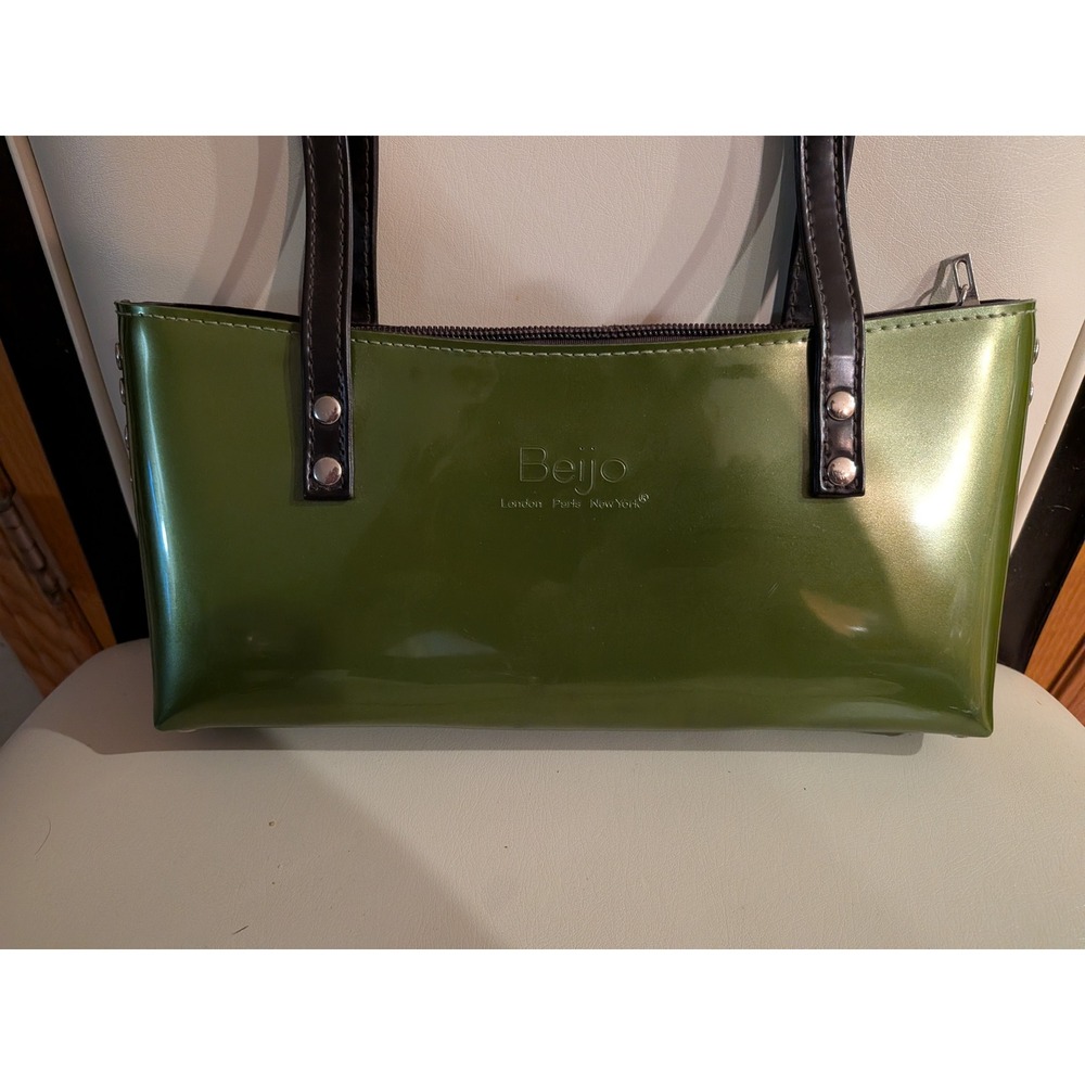 Beijo Olive Green Patent Vinyl Shoulder Bag with Matching Wallet and Dust Bag
